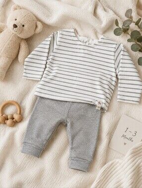 Zara Baby Ribbed Stripe Lounge Set 1–3 Months Neutral Gray | Cozy Minimalist Set